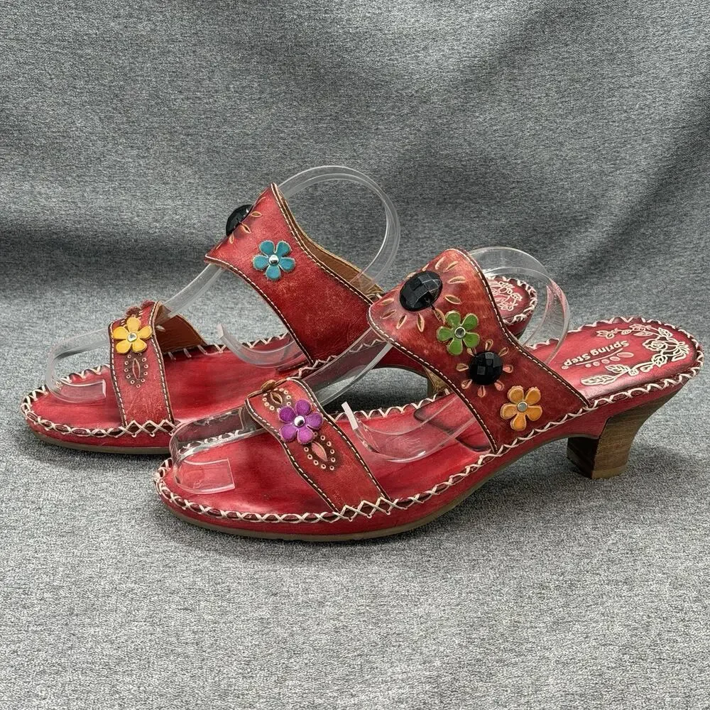 Spring Step Red Leather Floral Wedge Sandals Size 42 Beaded Applique D-Via-R